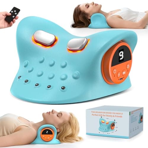 Smedz Neck Massager 2026, 4-in-1 Neck & Shoulder Massager with Multi-Directional Stretch, Heating & Vibration, 360° Remote Control–Ergonomic for Home, Office, Car Travel(Sky Blue)
