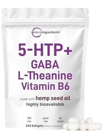 Micro Ingredients 5-HTP 200mg, 240 Softgels | Extra Strength 5-Hydroxytryptophan Complex with GABA, L-Theanine, Vitamin B6 | Highly Bioavailable with Hemp Seed Oil Carrier | Non-GMO