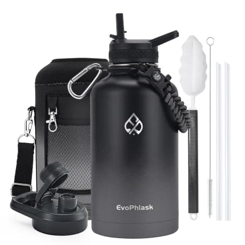 EvoPhlask Insulated Water Bottle 64 oz, Vacuum Stainless Steel Water Bottle Keep Cold 48Hrs, Half Gallon Large Water Jug for Travel, Sport, Gym, Hiking with Carrier Bag, Black/Gray