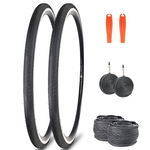 FOMAS 700x25C Bike Tire Anti-Slip Foldable Replacement All Terrain Tire 2 Pack with Levers for Road Bike (Black 2 Pack with Inner Tube, 700 x 25 C)