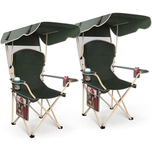 VTOY Lawn Chairs,Camping Canopy Chair Foldable W/Sun Shadefor Beach Camping Folding Outdoor Fishing/Sports|with Two Cup Holder and Storage Bag.(2Pack Olive Green)