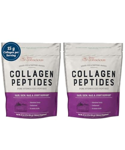 Live Conscious Collagen Peptides Powder - Hair, Skin, Nail, and Joint Support - Type I & III Collagen - Naturally-Sourced Hydrolyzed Protein - 16oz (2-Pack)