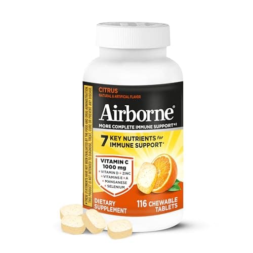 Airborne Citrus Chewable Tablets, 116ct | Immune Support Supplement with 1000mg Vitamin C + Vitamins A, D, E, Zinc,Selenium, & Manganese | Herbal Blend | Gluten Free
