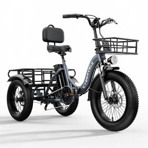 Cybervelo Electric Tricycle for Adults,Fat Tire Folding Electric Trike,3 Wheels Electric Bicycle Bikes, Peak 1000W Step-Thru Etrike C16 with Removable Battery and Large Basket for Women Men (Grey)