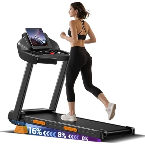 CURSOR FITNESS 16% Incline Treadmills for Home Small with 3 LED Displays, 3.0HP Foldable Walking Pad Treadmill Up to 400LBS Capacity, Portable Treadmill 0.6-7.0MPH Deep Black