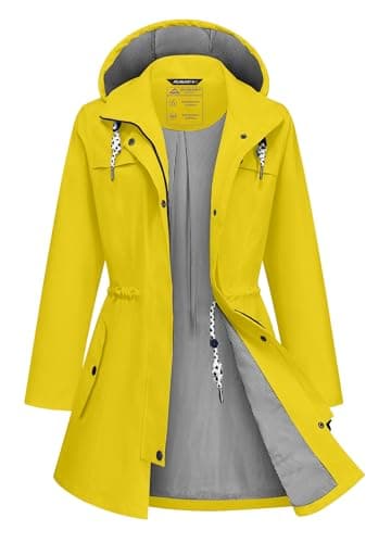 ATLASLAVA Rain Jacket Women Waterproof Long Lightweight Raincoat Hooded Windbreaker Outdoor Trench Coat LIGHT YELLOW S