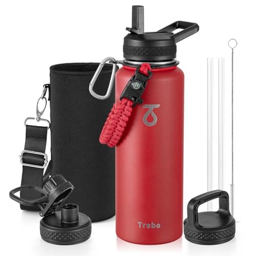Trebo Water Bottle 40oz with Paracord Handle, Half Gallon Large Vacuum Triple Wall Stainless Steel Insulated Water Jug with Holder Strap Straw Spout Lids, Leakproof Keep Cold & Hot, Red