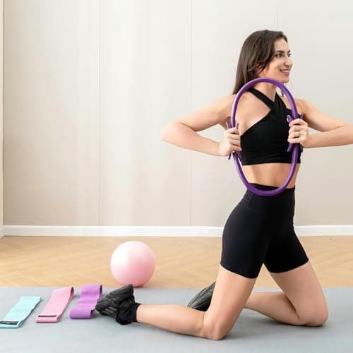 Gymyard Pilates Ring Kit with Mini Ball & 3 Resistance Bands, At Home Pilates Equipment Set for Toning, Strength & Core Work, 15'' Magic Circle & 3-Level Bands(Purple)