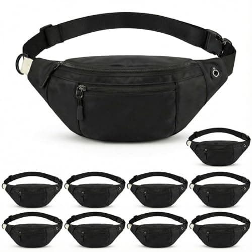 10 Pack Bulk Crossbody Fanny Packs, Black Plain Waist Bags for DIY HTV Vinyl, Large Capacity Oxford Sling Bag with Adjustable Strap, Waterproof Hip Belt Bag for Team Gifts & Travel