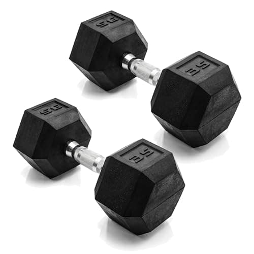CAP 35 LB Rubber Coated Hex Dumbbell Weight, Rubber Free Weights for Home Gym Strength Training, Chrome Handle, Pair