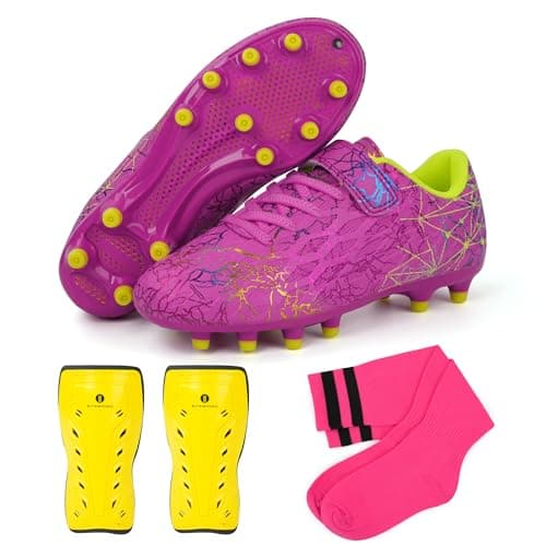 brooman Kids Firm Ground Soccer Cleats Girls Football Cleats with Shin Guards and Soccer Socks (3,Magenta)