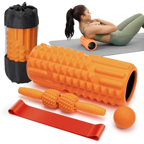 LTHTRADE 5 in 1 Foam Roller Set - Deep Tissue Foam Roller, Muscle Roller Stick, Massage Ball, Resistance Band for Physical Therapy & Deep Tissue Muscle Massage (Orange)