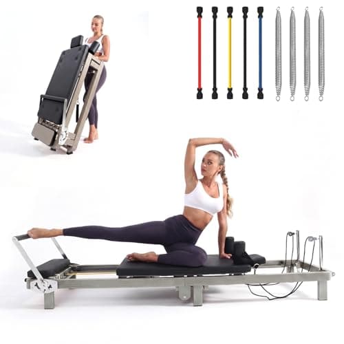 Gray Metal Frame Foldable Pilates Reformer 88", Adjustable Footbar & Dual Resistance (Springs+Latex), Jump Board & Headrest Included, Space-Saving Home Fitness