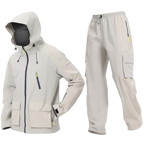Men’s PRO Waterproof Workwear Rain Suit 3-Piece Set, Hi-Vis Hooded Jacket & Pants, 3L-Gore Pro-Tex Oxford, Multi-Pocket(Off White,XL)