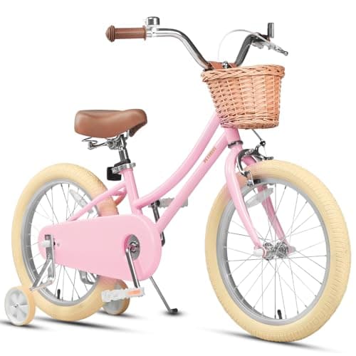 Petimini 18 Inch Little Kids Bike for Age 5 6 7 8 Years Old Girls Retro Vintage Style Bicycles with Basket Training Wheels and Bell, Pink