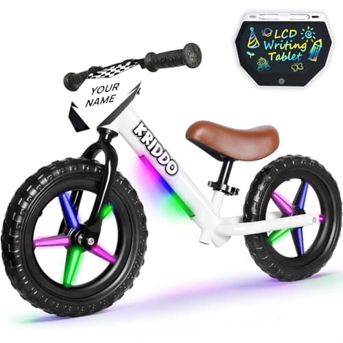 KRIDDO Toddler Balance Bike 2 Years Old, 12-Inch Colorful Lighting-Up Push Bicycle with LCD Writing Tablet, Steady Balancing, Gift Bike for 2-5 Boys Girls, LED-White