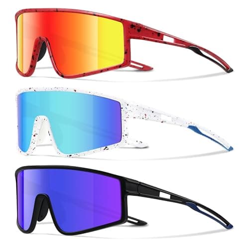 Kegrimi 3 Pack Kids Sunglasses Youth Baseball Polarized Sun Glasses Sports Cycling Running for Boys Girls UV Protection(Black+blue/Red+red/White+blue)