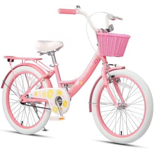 Glerc Maggie Grils Bike, 20 Inch Kids Bicycle for 7-13 Years Old Chlidren, Princess Styles Kids Bikes with Rack & Basket & Kickstand, Pink & White