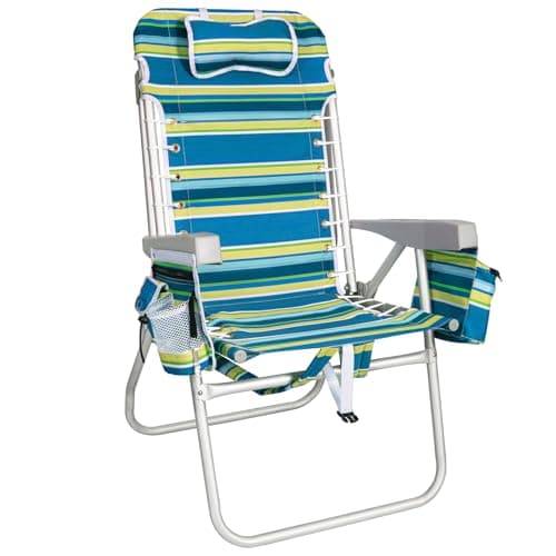 Romswi Tall Beach Chair Extra Wide for Adults, 17" High Seat Backpack Beach Chair with Cooler Bag, Cup & Phone Holder, 5-Position High Back Reclining Chair with Towel Bar & Zipper Pocket, Blue Stripes