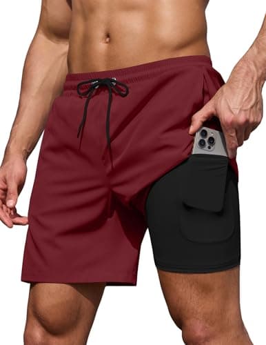 COOFANDY Mens Swim Trunks 7 Inch Board Shorts Swimwear Summer Beach 5 Inch Quick Dry Lined Bathing Suits Red Burgundy Wine