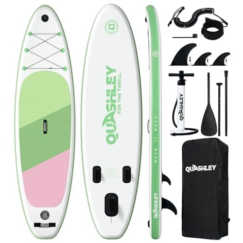 Quashley Inflatable Stand Up Paddle Board 10'6"x34" Wide SUP Stable for Adults & Teens Youth, All-Around Paddleboards for Yoga,Fishing,Touring,with All Premium Accessories Green&Pink