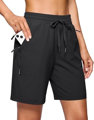 SANTINY Women's 7''/ 9'' Hiking Shorts with 3 Zipper Pockets Lightweight Quick Dry Long Athletic Golf Shorts for Women Casual (Black_XL)
