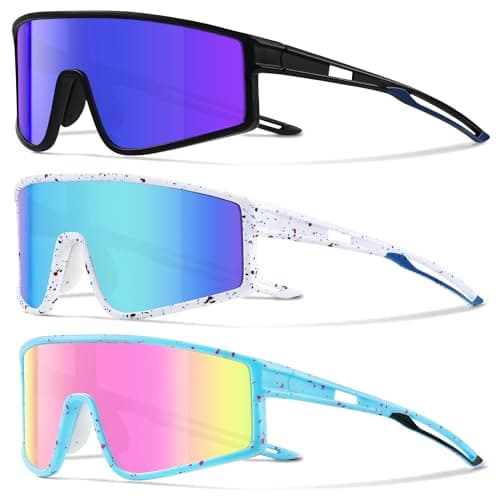 Kegrimi 3 Pack Kids Sunglasses Youth Baseball Polarized Sun Glasses Sports Cycling Running for Boys Girls UV Protection(Black+bue/Vhite+blue/Blue+pink)