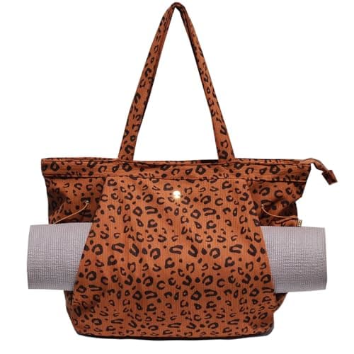 ESVAN Corduroy Yoga Tote Bag Gifts for Women Drawstring Yoga Mat Bag for Office Workout Travel Carryall Pilates Gym (Brown leopard print)