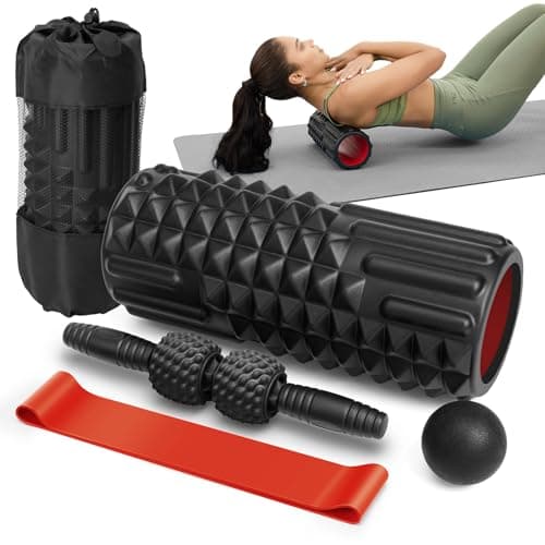 LTHTRADE 5 in 1 Foam Roller Set - Foam Roller for Legs, Muscle Roller Stick, Massage Ball, Resistance Band for Physical Therapy & Deep Tissue Muscle Massage (Black)