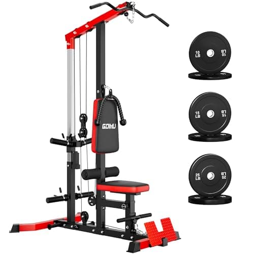 GOIMU LS01 LAT Pull Down Machine, LAT Row Cable Machine with AB Crunch, LAT Tower with Cable Row Attachment, 3 in 1 Pulley Stations for Home Gym(Red with 100lbs)