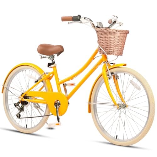 Glerc 24 Inch Beach Cruiser Bike, 6-Speed Hybrid City Bicycle for Girls Youth and Over 6 Years Old, Missy Bike with Wicker Basket & Lightweight, Yellow