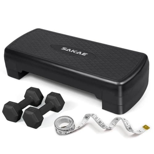 Adjustable Height Aerobic Stepper Set with 2 Dumbbells & Measuring Tape, Workout Exercise Step Platform w/Level Risers, Black, the Ultimate Gift for a Joyful Holiday and Merry Christmas