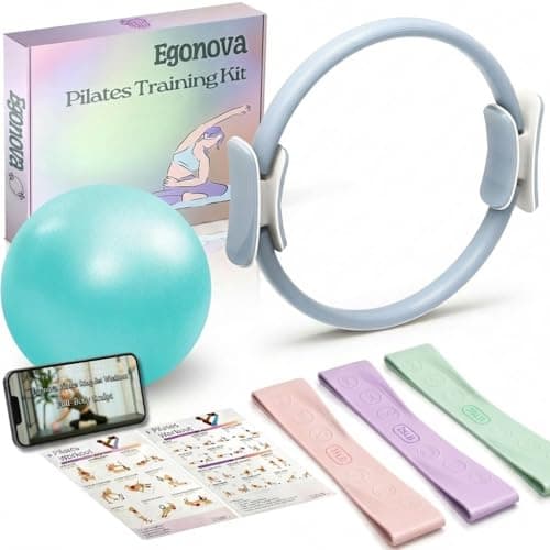 EgoNova Pilates Ring Set: 14-Inch Magic Circle with Dual Padded Handles, Pilates Mini Ball, and Resistance Bands (15, 25, 35 lbs) for Strength, Flexibility, Stability, and Body Toning (Blue)