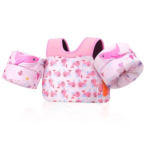 MoKo Toddler Swim Vest - Cute Toddler Floaties with Emergency Whistle for Boys and Girls 13-30 lbs Water Wings Arm Band Floaties Swim Training Equipment for Beach Swimming Pool Sea, Pink Whale