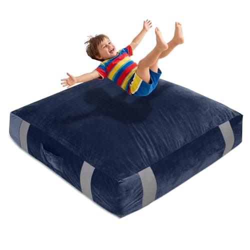 FBSPORT Crash Sensory Pads for Kids, Crash Mat for Autistic Kids with Extra 4" EPE Crash Sensory Pad for Enhanced Security,Soft Foam Blocks Washable Velvet Cover,Jump,Play,Therapy-5×5 Ft(Blue)