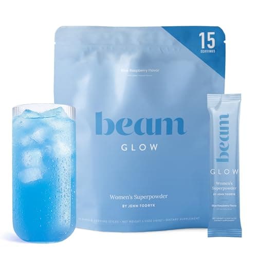 BEAM Glow Hormone Support & Cortisol Supplement for Women - Daily Vitamins for Women with Ashwagandha, Selenium, Zinc, Vitamin A, Biotin for Cycle Health, Mood & Energy, Blue Raspberry, 15 Servings