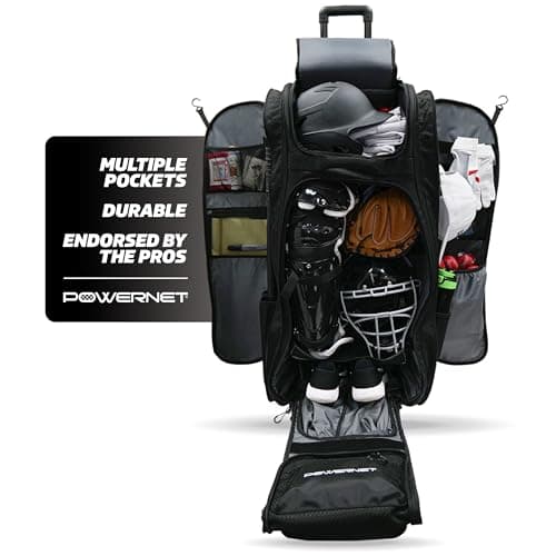 PowerNet Optimus Catcher's Bag, Rolling Equipment Bag Holds All Baseball & Softball Gear, 7 Internal Bat Sleeves, Cleat Compartment, Personalization Panel & Hooks