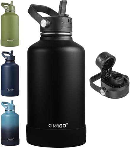 CIVAGO 64 oz Insulated Stainless Steel Water Bottle with Detachable Straw, Large Half Gallon Water Jug with Bucket Handle, Big Metal Leakproof Flask with Silicone Boot for Gym, Dishwasher Safe, Black