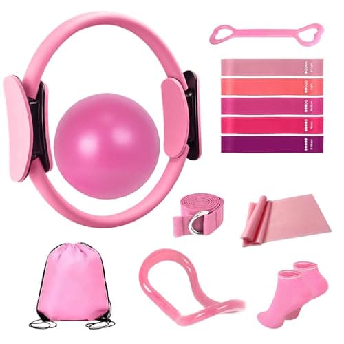 yeklike Pilates Equipment Kit for Women - Home Workout Pilates Set,9.8" Yoga Ball, 5 Resistance Bands, Magic Circle, for Legs, Arms, Thighs, Yoga Set for Beginners-13 Piece Pink