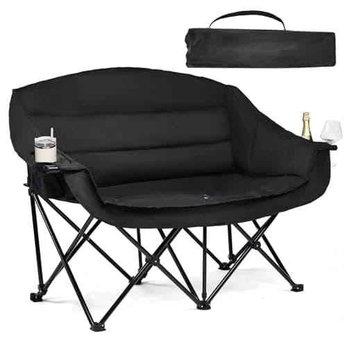 Double Camping Chair Padded Loveseat Chair for 2 Person - Heavy Duty Oversized Camping Couch for Adults Outdoor Sports Lawn Beach Portable Folding XL Chairs with Cup Holders and Carry Bag, All Black