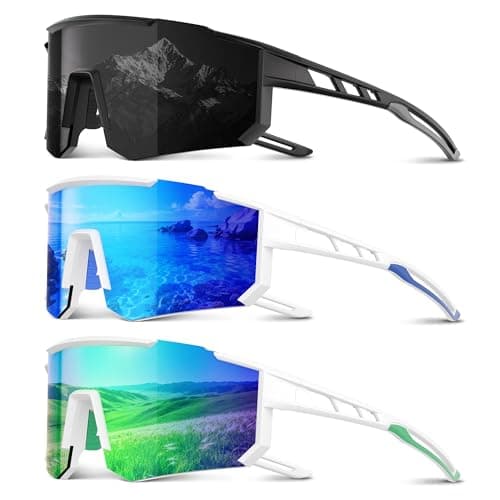 Foliful 3 Pack Polarized Sports Sunglasses Men Women, Running Mens Sunglasses UV Protection for Baseball Cycling Fishing, Grey/Ice Blue/Green