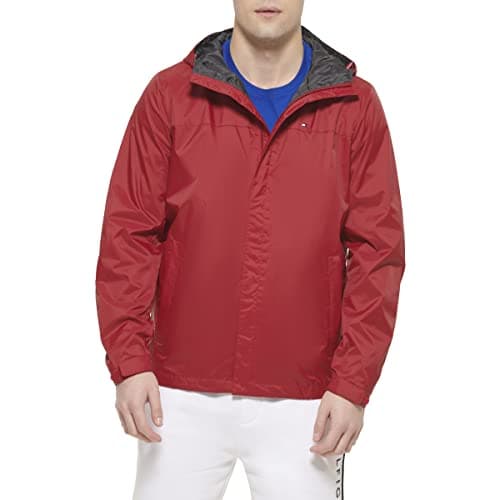 Tommy Hilfiger Mens Lightweight Breathable Waterproof Hooded Jacket Raincoat, Red, X-Small US