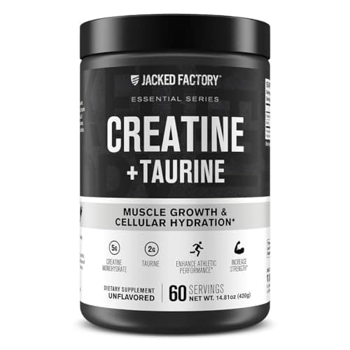 Jacked Factory Creatine + Taurine - Creatine Monohydrate 5000mg with Taurine 2000mg for Increased Muscle Strength & Cellular Hydration - 60 Servings, Unflavored