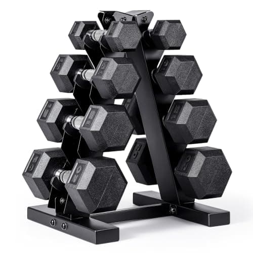 CAP 100 lb Rubber Coated Hex Dumbbell Set with Vertical Rack, Space-Saving A-Frame Storage for Home Gym Strength Training, Chrome Handle