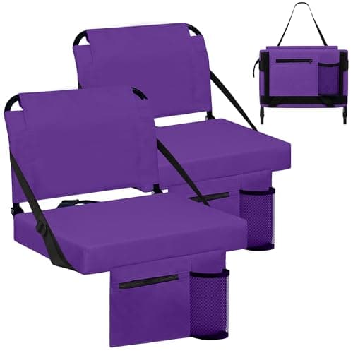 Besunbar Stadium Seats for Bleachers 2 Pack w/Back Support Bleacher Seat Soft Cushion Light Weight Includes Shoulder Strap & Cup Holder, Front & Back Zipper Pocket, Suitable for Sports Events,Purple