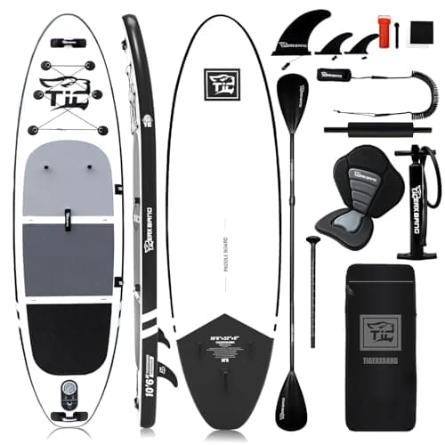 TIGERXBANG Stand Up Paddle Boards 10'6" x 32" x 6" with Premium SUP Board Accessories, Inflatable Paddle Boards for Adults/Youth with Double-Bladed Paddle, Kayak Seat, Defender-Pro Black