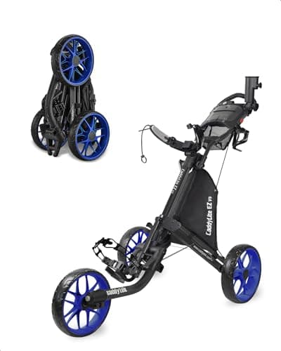 CaddyTek EZ V8 3-Wheel Golf Push Cart | Patented 1-Click Fold, Lightweight & Compact Foldable Design, Durable EVA Wheels with Foot Brake & Adjustable Handle - Blue