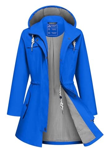 ATLASLAVA Rain Jacket Women Waterproof Long Lightweight Raincoat Hooded Windbreaker Outdoor Trench Coat Royal Blue M