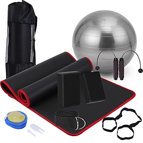 KXEXK Yoga Mat Set for Beginners Yoga Mat with Carrying Strap Yoga Blocks 2 Pack with Yoga Strap Yoga Ball,Ropeless Jump Rope,Yoga Kits and Sets for Beginners,Yoga Starter Kit for Women Men (Black)