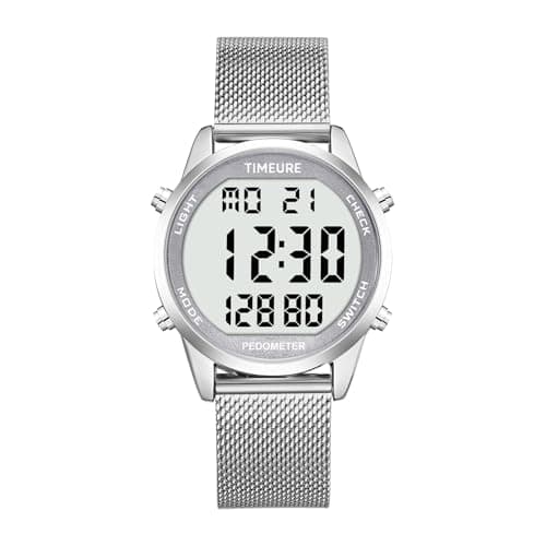 Men's Pedometer Watch with Stainless Steel Bracelet,Step Counter Watch No App, No Charging Needed for Ourdoor Walking, Calorie, Distance, Alarm, Countdown Timer Watch TU-2306B TIMEURE (Silver)